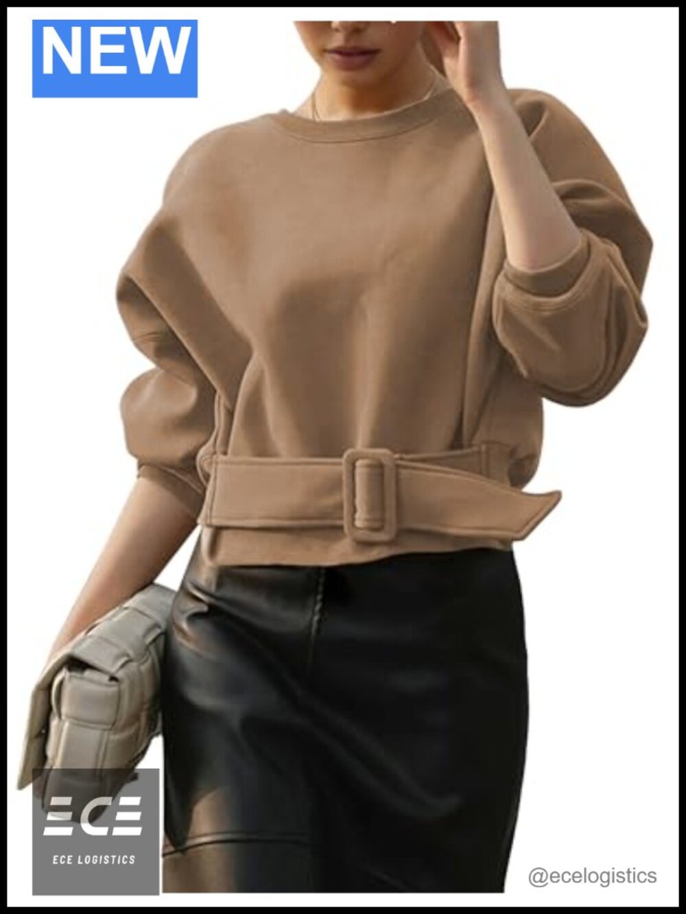 Womens Cropped Sweatshirt Belted Lace Up Pullover Crew Neck Long Sleeve